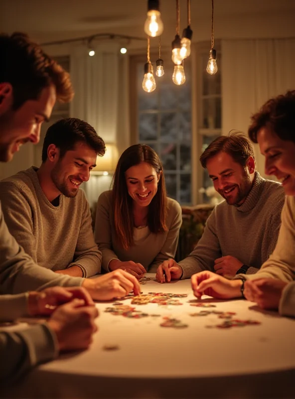 Family laughing together while playing a board game, no screens visible.