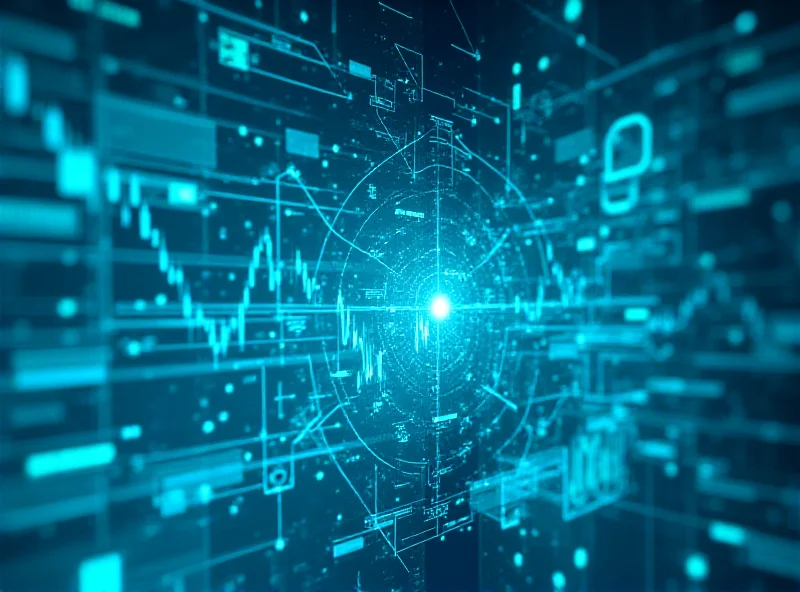 Illustration of AI trading system interface with complex charts and data.