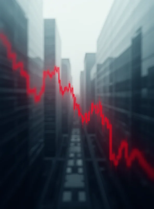 Conceptual image of a downward trending stock chart with a blurred background of city buildings.