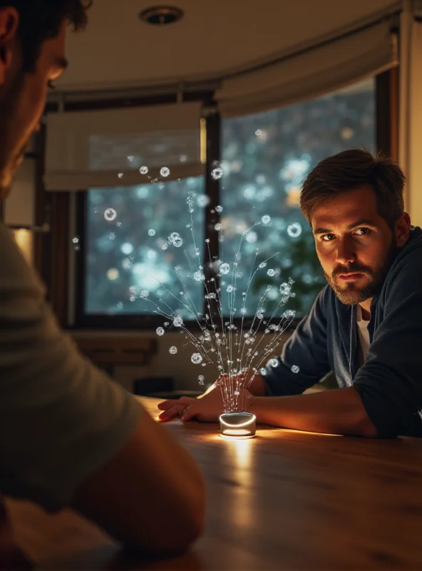 A person interacting with an Amazon Echo device, with a visual representation of Alexa's AI processing in the background.