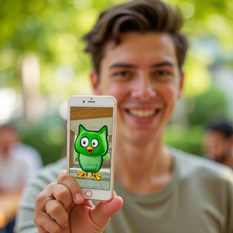 A person happily using the Duolingo app on their smartphone, with the iconic green owl mascot visible.