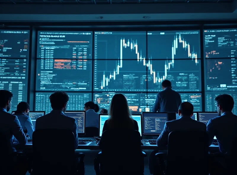 A diverse group of people looking at stock tickers on multiple screens in a modern office