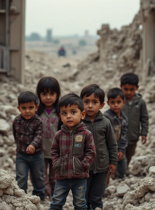 A group of Palestinian children standing near a destroyed building in Gaza, looking hopeful.