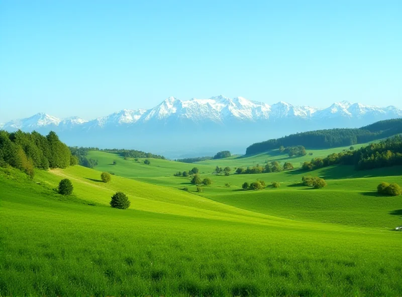 Panoramic view of the Austrian countryside with rolling hills and a clear blue sky, symbolizing Austria's environmental concerns and political landscape.