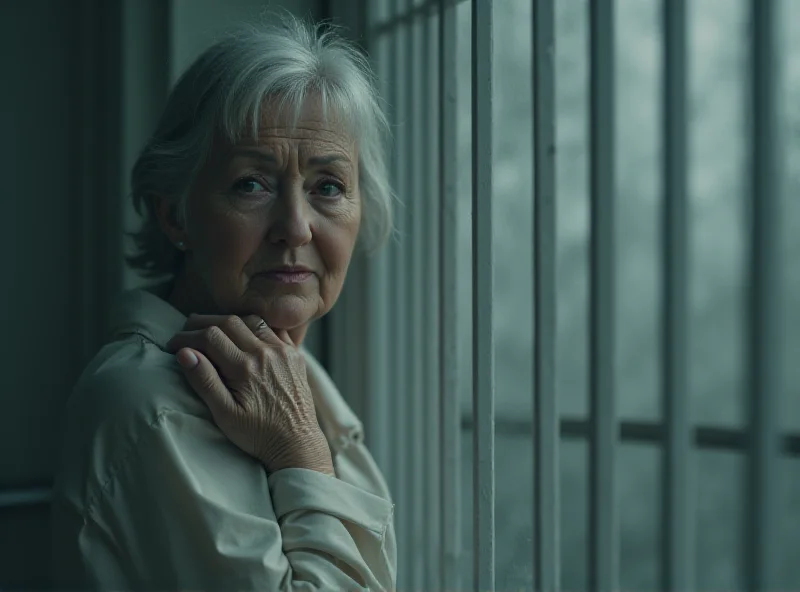 A woman with a concerned expression looking out a window with bars.