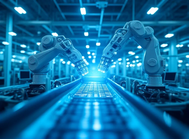 Futuristic factory interior with robots and digital displays