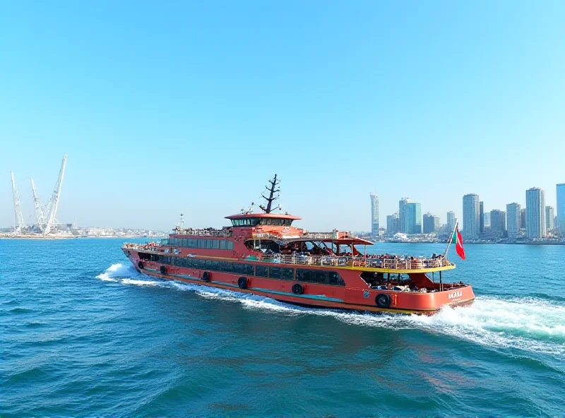 A RoPax ferry sailing on the Caspian Sea with the Azerbaijan flag waving in the wind. The Baku skyline is visible in the background.