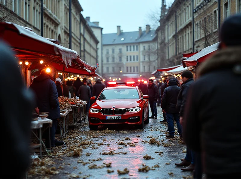 Scene of a car accident at a market with emergency vehicles present.