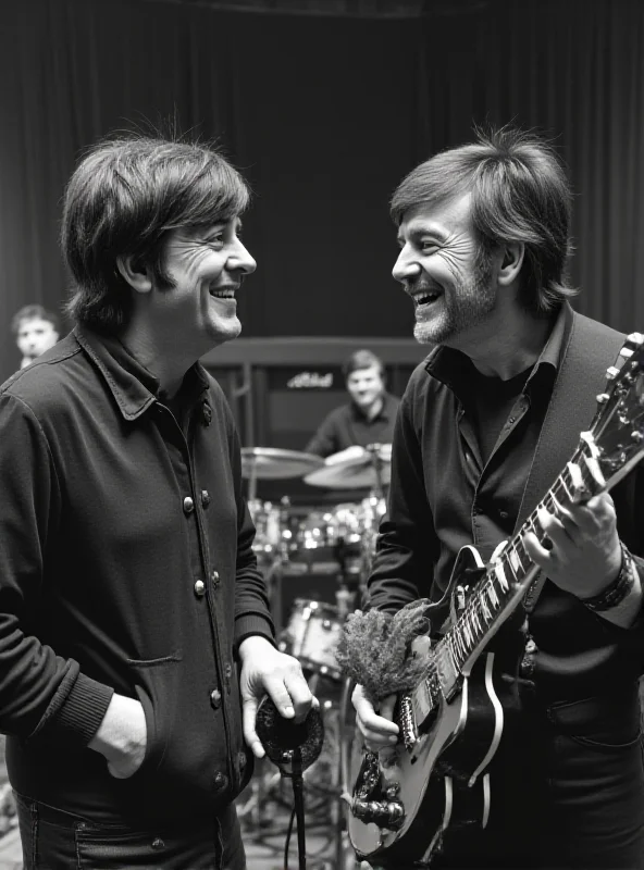 A candid photo of Paul McCartney and Ringo Starr laughing together during a recording session in the late 1960s. The image is in black and white and captures a moment of genuine camaraderie between the two musicians.