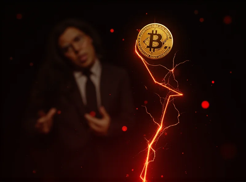 Digital rendering of a plummeting bitcoin currency symbol, with a worried investor in the background.
