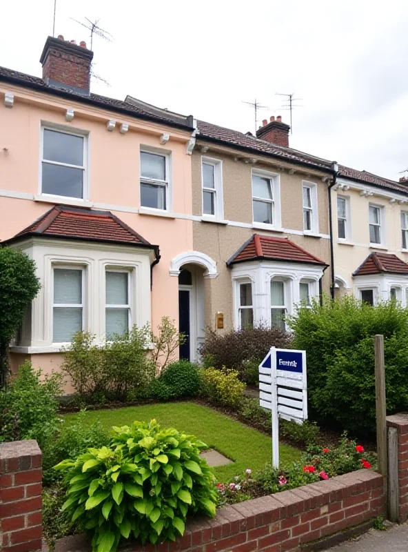 A row of colorful houses in a typical British neighborhood, with a 'For Sale' sign in the foreground.