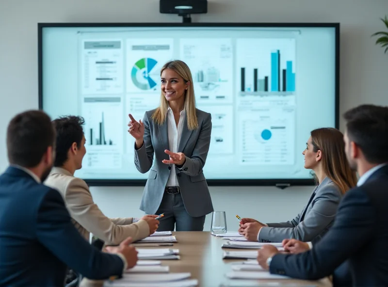 A businesswoman confidently presenting a business plan to a group of investors in a modern office.