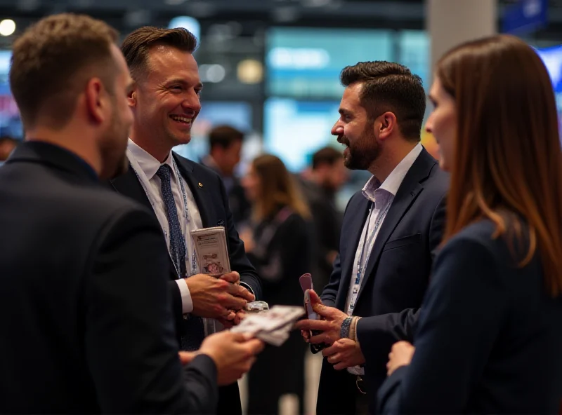 A diverse group of professionals networking at a conference, exchanging business cards and engaging in conversation. The setting is a modern convention center with bright lighting and displays in the background.