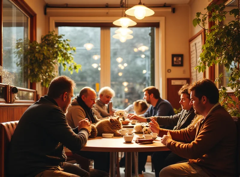 People enjoying coffee and petting cats in a brightly lit cafe in Bratislava