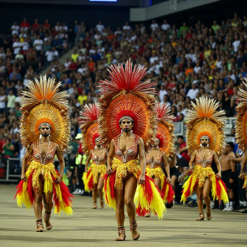 A group of samba dancers performing during the Champions Parade at Sapucaí in Rio de Janeiro.
