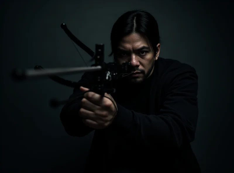 A serious looking man holding a crossbow