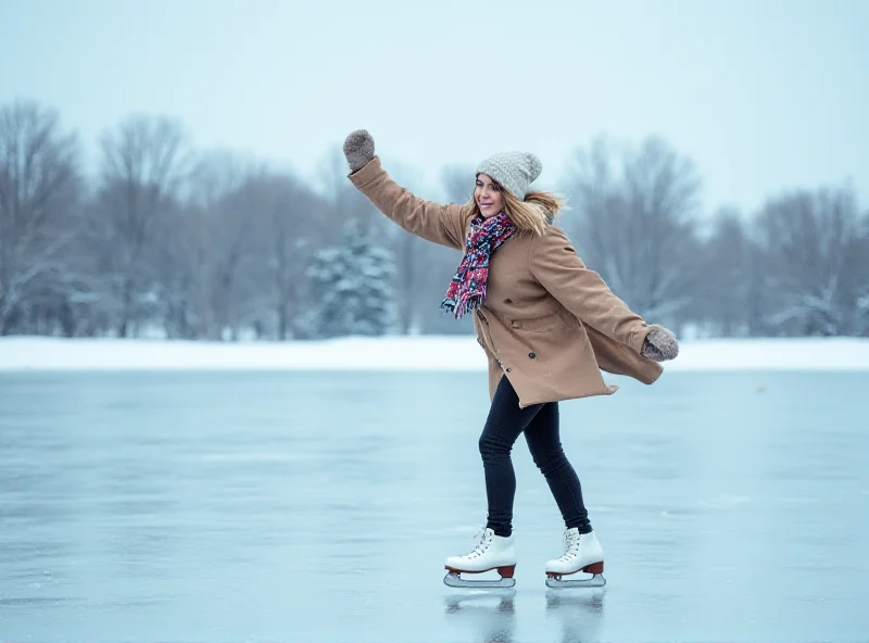 A person ice skating on a frozen lake surrounded by snow-covered trees.