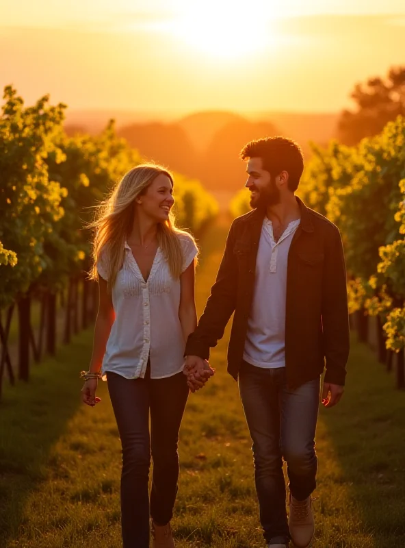 A couple laughing and holding hands while walking through a vineyard at sunset.
