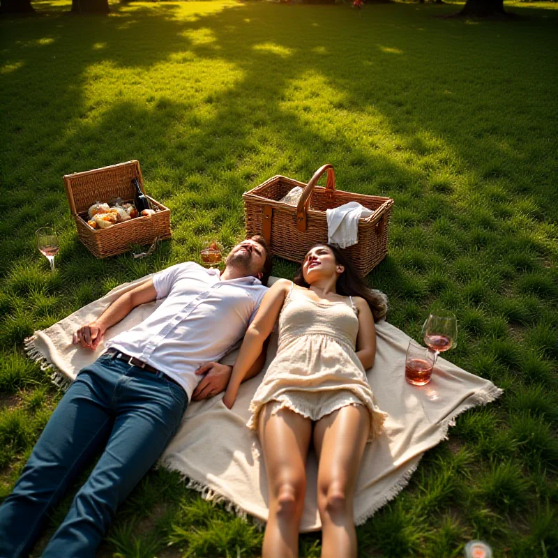 Overhead shot of a couple holding hands while lying on a picnic blanket in a park, with a basket of food and a bottle of wine nearby.
