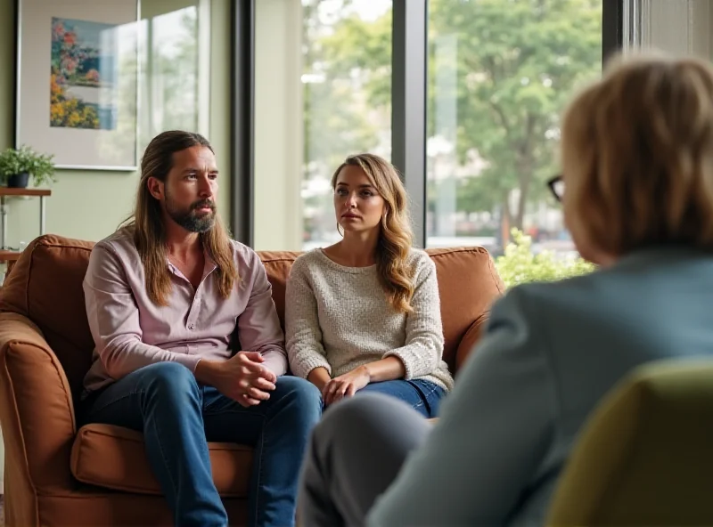 A couple sitting on a couch talking to a therapist.