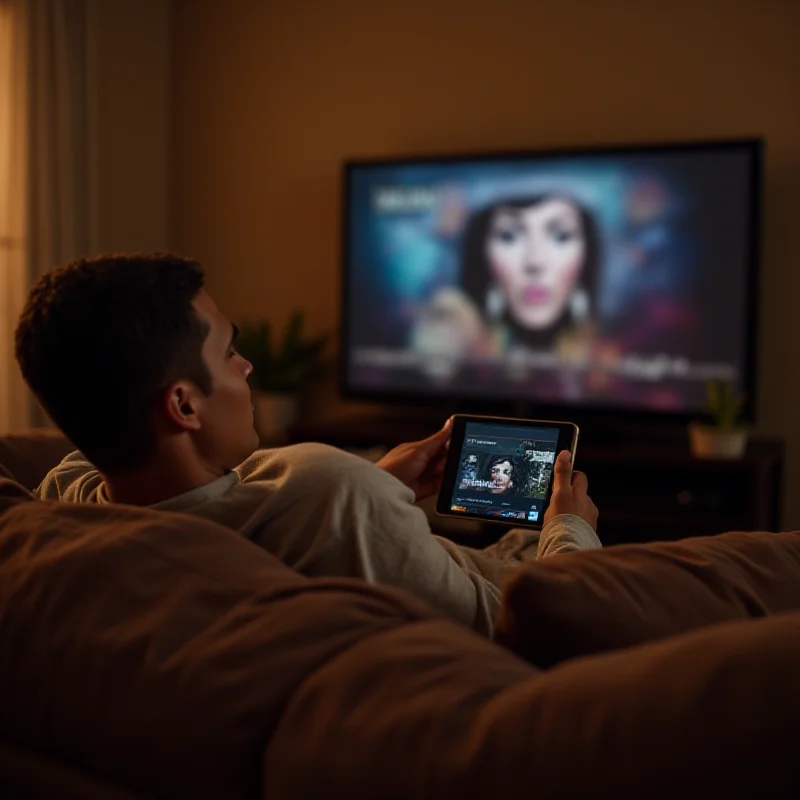 A person lounging on a couch watching live television on a streaming service on a tablet.