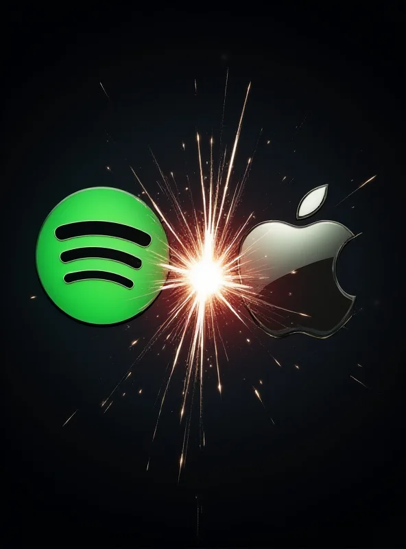 Image depicting a stylized clash between the logos of Spotify and Apple.