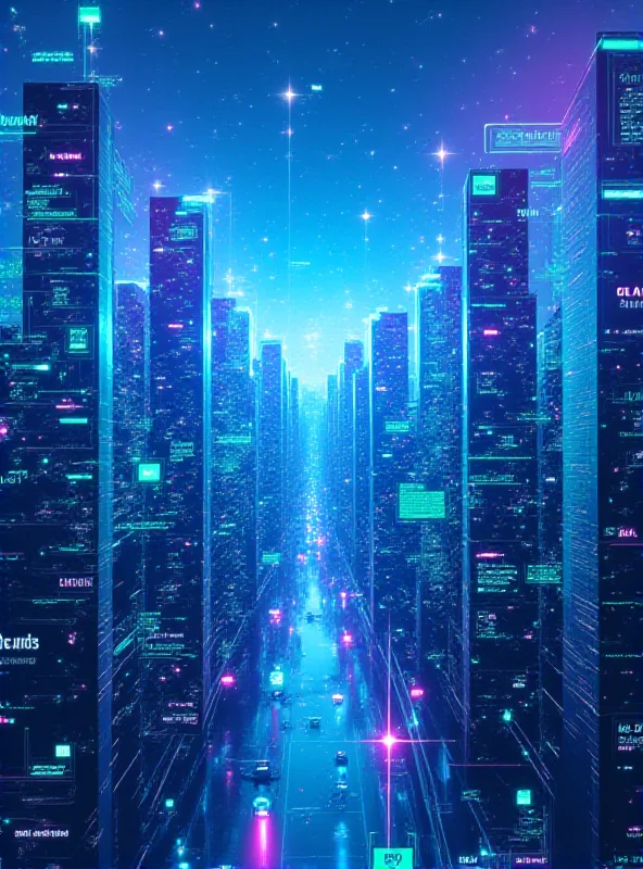 A futuristic cityscape with digital overlays and marketing data visualized in the sky.