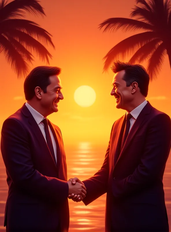 Digital illustration of Nigel Farage shaking hands with Elon Musk in front of a Florida sunset, with palm trees silhouetted in the background.