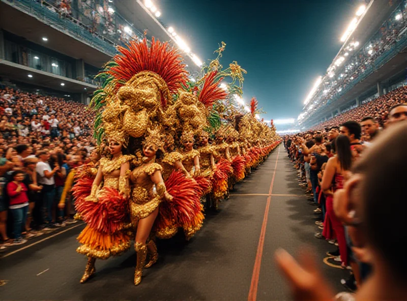 A vibrant and colorful scene from the Sapucaí Sambadrome during Carnival, featuring elaborate costumes and a large samba school float.