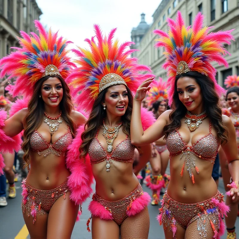 A group of transgender individuals in colorful and celebratory carnival costumes, smiling and dancing in a parade setting. The backdrop shows a vibrant and energetic atmosphere with cheering crowds and decorated floats.