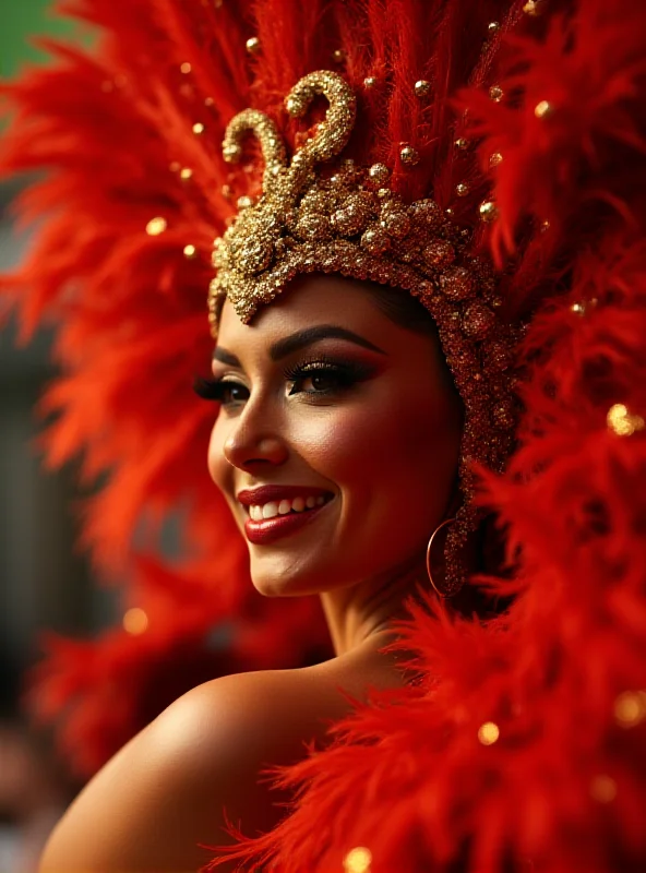 Close-up portrait of actress Sheron Menezzes smiling and wearing a vibrant, feathered Carnival costume.