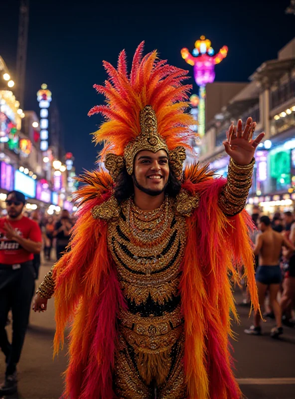 Amaury Lorenzo in a colorful and elaborate Carnival costume, smiling and waving to the crowd during the Vila Isabel parade.