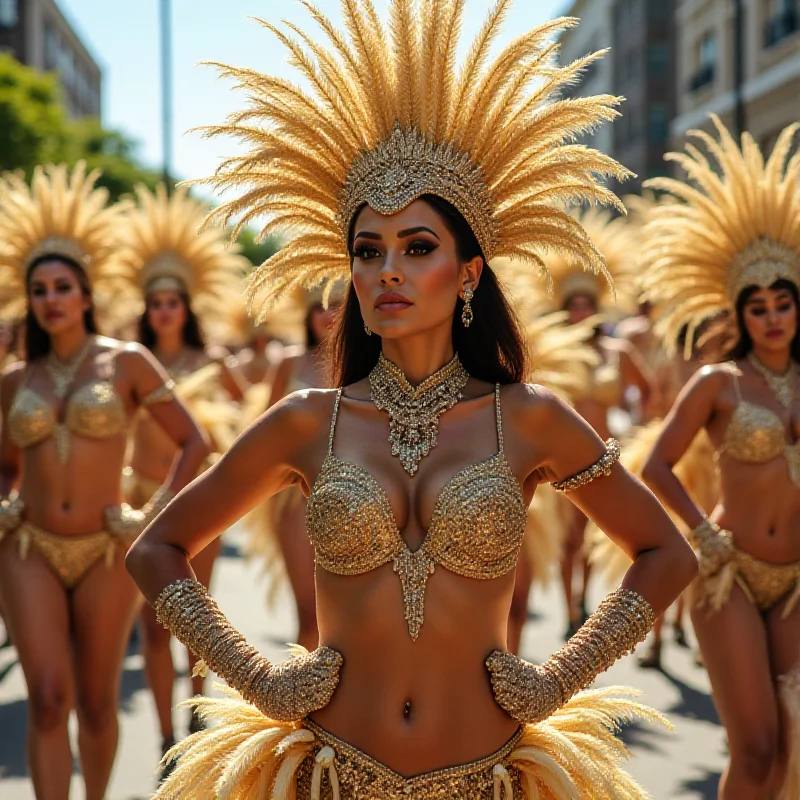 Gabi Martins in a sparkling, feathered costume, confidently performing a samba routine during the Vila Isabel parade.