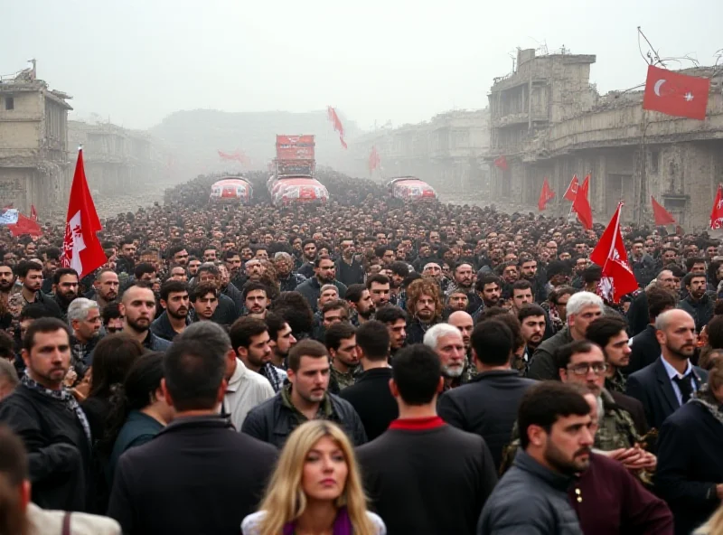 Crowd waving Hezbollah flags at a funeral in Lebanon
