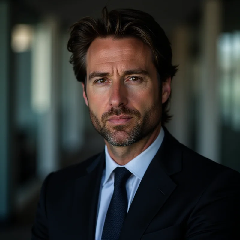 Justin Baldoni in a suit, looking determined.