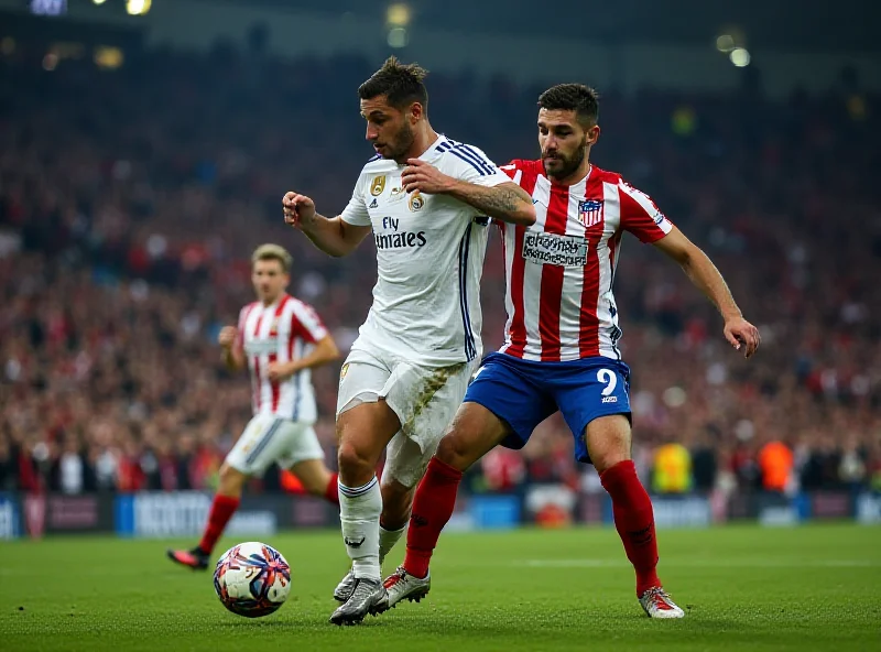 Real Madrid and Atlético Madrid players clashing during a Champions League match, intense and dramatic.