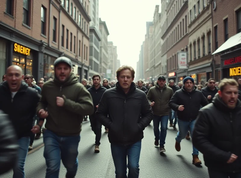 A wide, street-level shot of Boylston street with a crowd of people running away from the camera, expressions of fear visible on their faces.