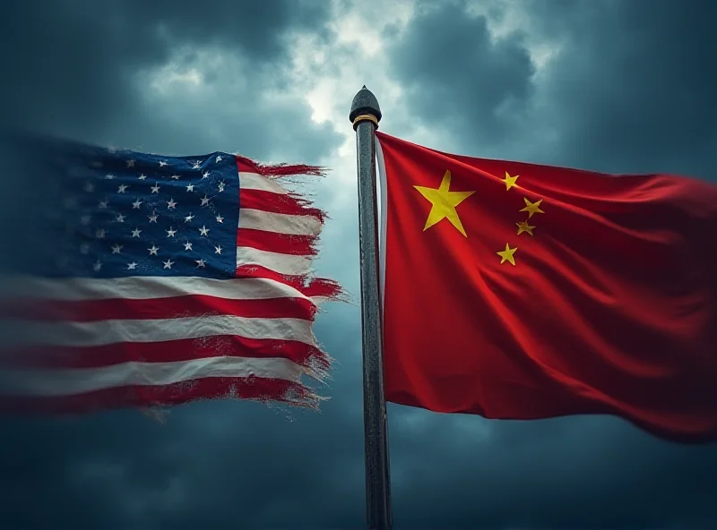 Chinese and American flags waving against each other in a dramatic sky.