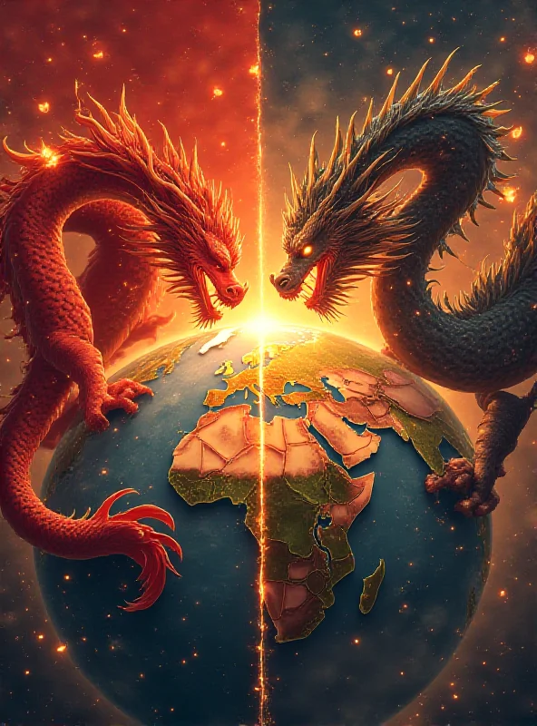 A stylized depiction of a trade war, with two dragons (representing China and the US) facing each other across a map divided by tariff barriers.
