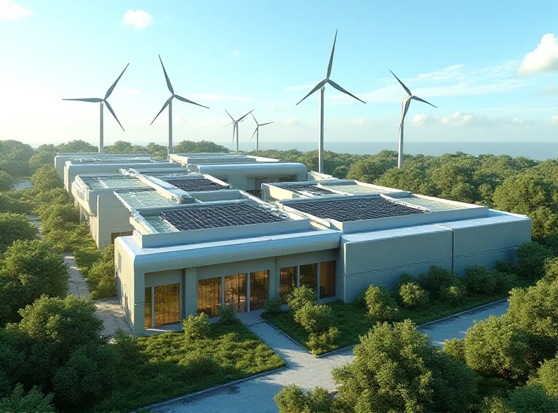 AI datacenter rendering with solar panels and wind turbines