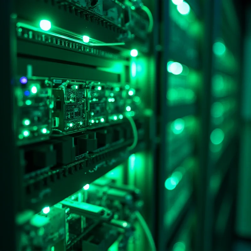 Close-up of server racks in a data center, illuminated with green lights