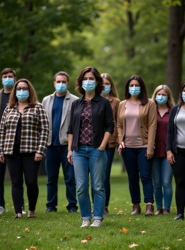 A diverse group of people wearing face masks, standing six feet apart. The image highlights the importance of social distancing and the collective effort to combat the spread of COVID-19.