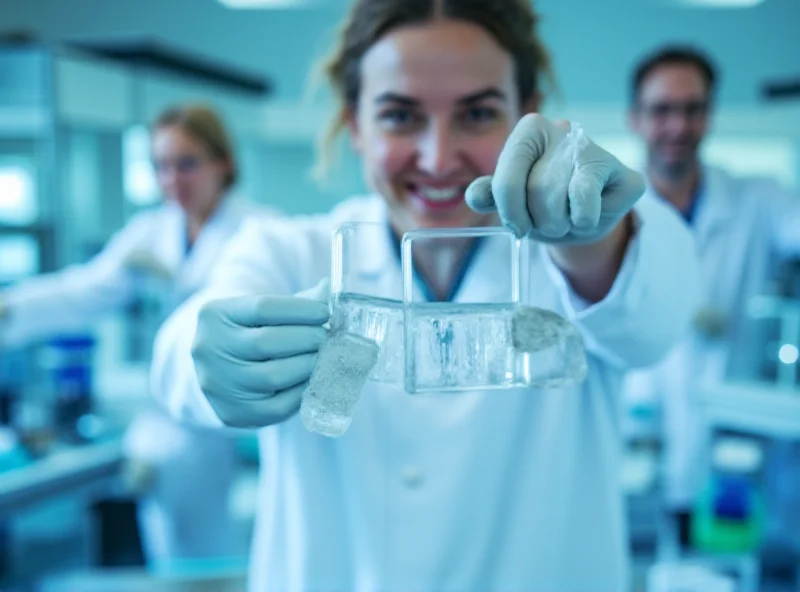 A scientist in a lab coat holding a test tube with a sample. The background is blurred, showing various lab equipment and other scientists working.