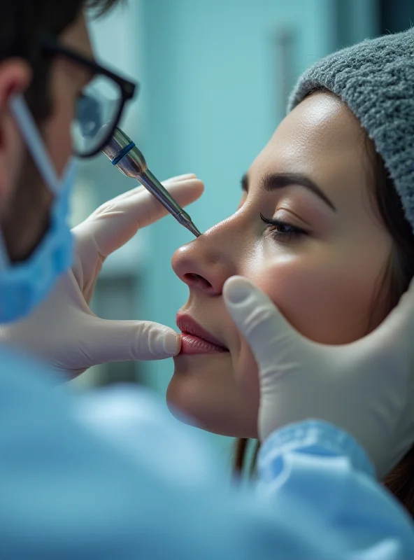 Close-up of a doctor examining a patient's nose with medical instruments. The focus is on the doctor's hands and the patient's nasal passage.