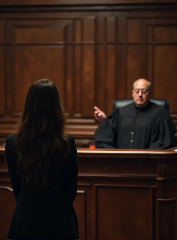 A courtroom scene with a woman standing before a judge, representing the guilty plea in the paddleboarder deaths case.