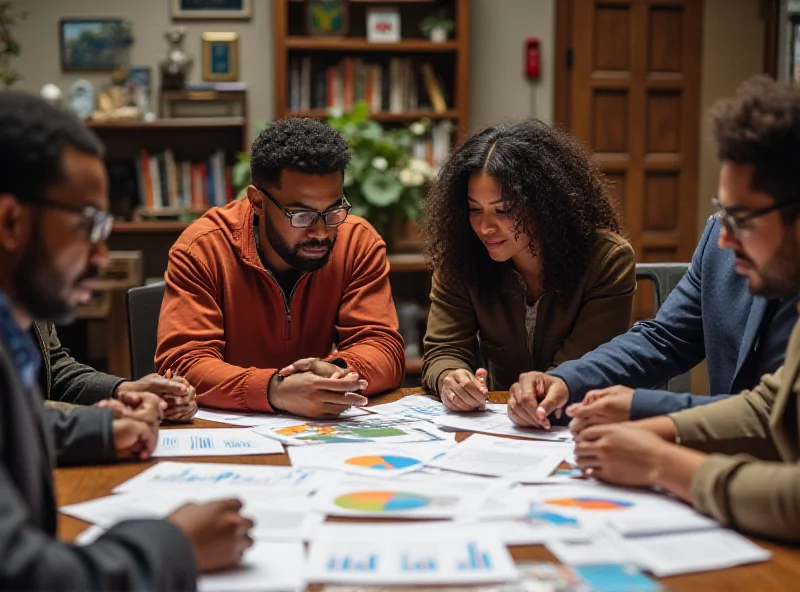 A diverse group of people working together on a financial plan, symbolizing community empowerment and economic growth.