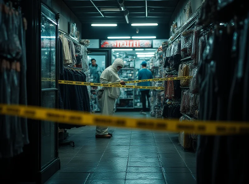 A crime scene with police tape and forensic investigators working. The scene is set inside a small retail shop.