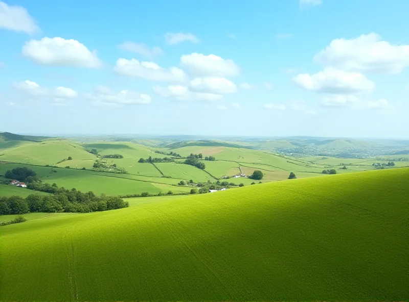 Aerial view of the Cumbrian countryside with rolling hills and farms under a bright blue sky.