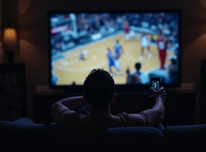 A person sitting on a couch watching a basketball game on a large screen TV