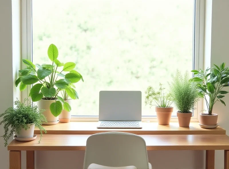 A bright and airy home office with a large window, desk with a laptop, and several plants.